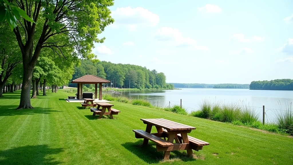 Waterside rest area with picnic table and shelter
