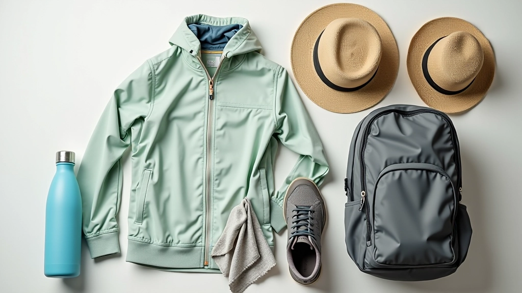 Items laid out for a comfortable walk: water bottle, hat, comfortable shoes, and light jacket