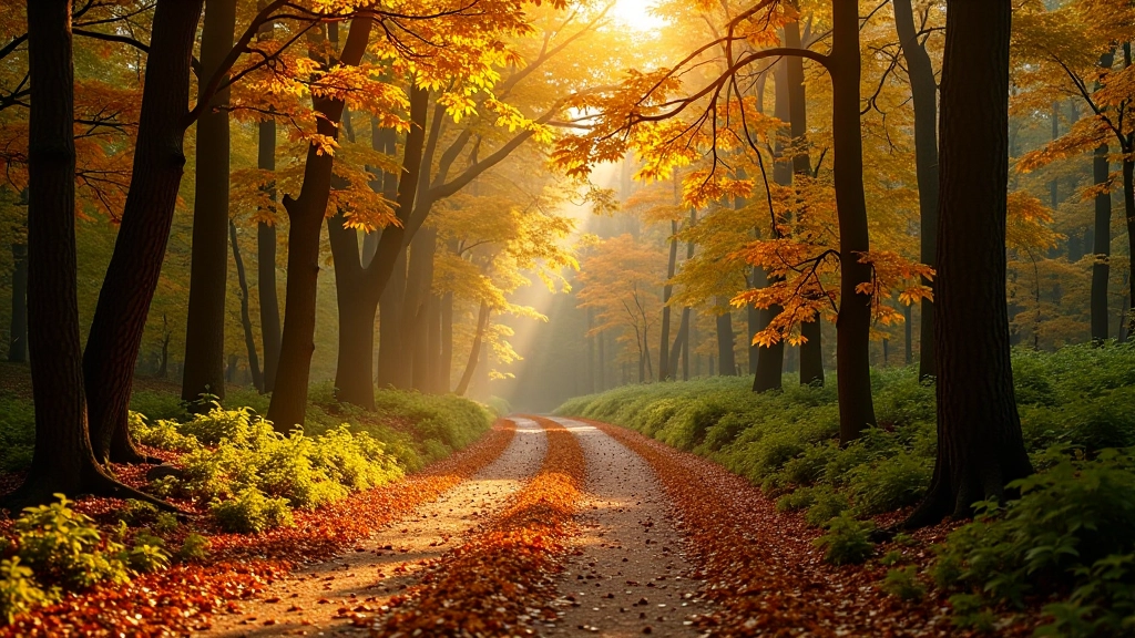Forest path covered with autumn leaves and natural lighting, woodland trail during fall season with golden hour illumination