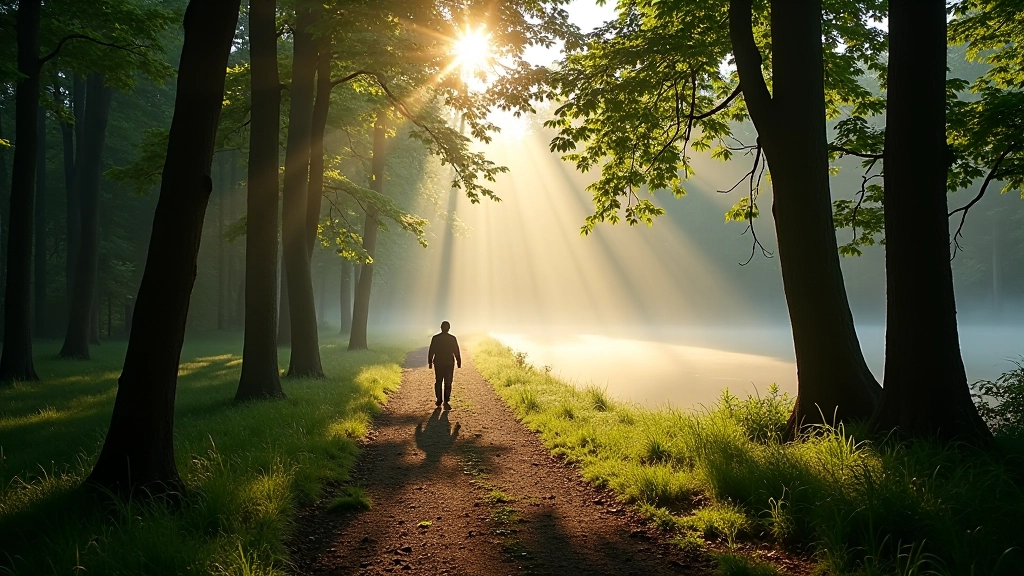 Peaceful walking trail through green forest with morning mist, dappled sunlight filtering through trees