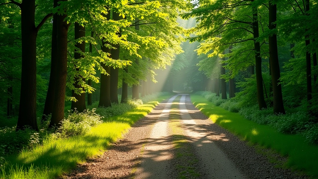 Forest walking trail with dappled sunlight filtering through dense green canopy, peaceful woodland atmosphere with natural earth path
