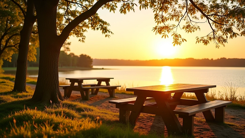 Scenic picnic area with wooden tables overlooking the reservoir water at sunset, golden hour lighting
