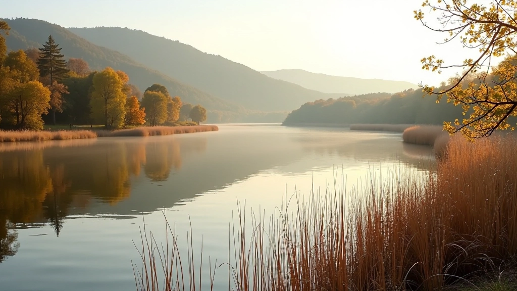 Scenic view of reservoir water with reeds along the shoreline and wooded hills in the background