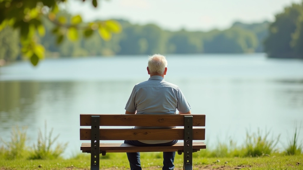 Senior person seated on a wooden bench at a scenic outdoor location, looking relaxed and comfortable