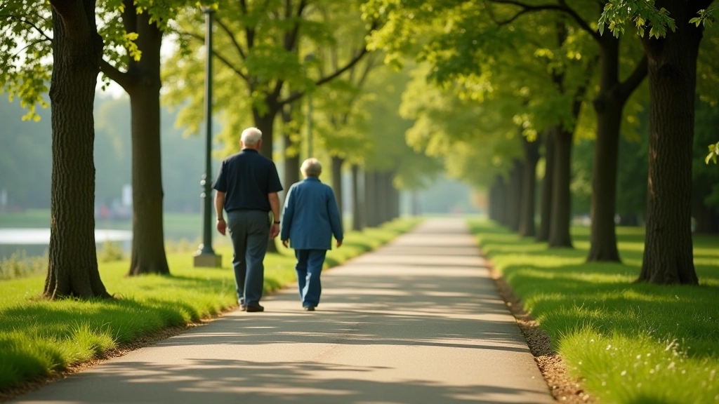 Person walking on a paved path through a park with trees on both sides and clear visibility ahead