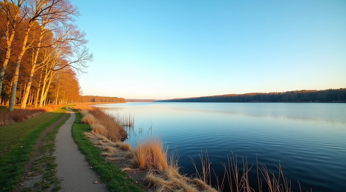 Scenic reservoir water view with distant shoreline and clear blue sky