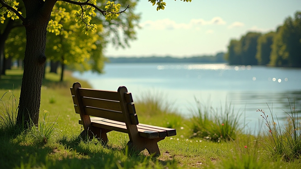 Rest bench overlooking the reservoir on a sunny day