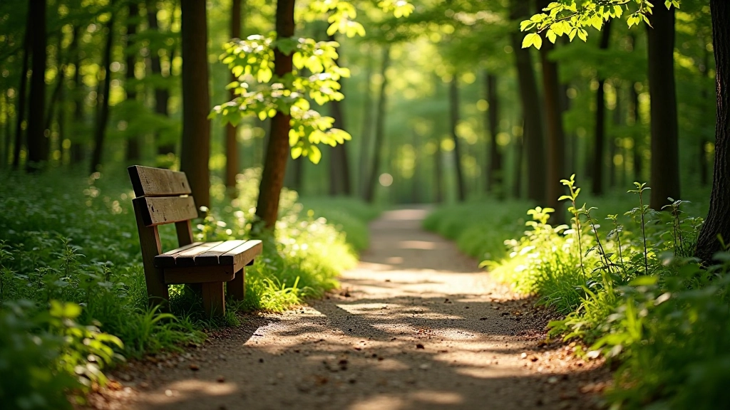 Senior person seated on wooden bench in forest clearing with natural surroundings, peaceful rest area during outdoor walk