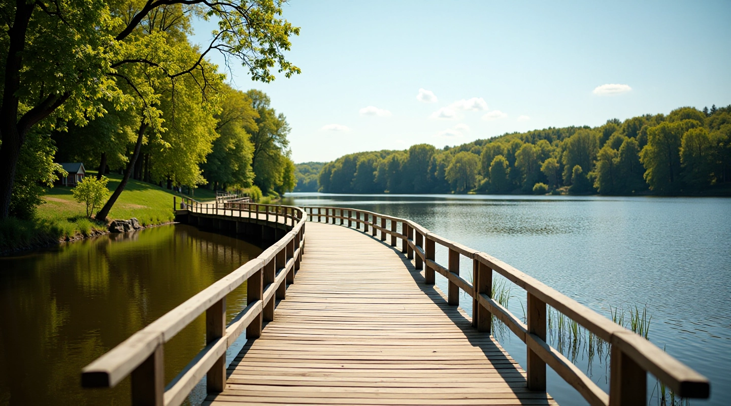 Wooden boardwalk along a calm reservoir with trees reflected in water on a sunny day