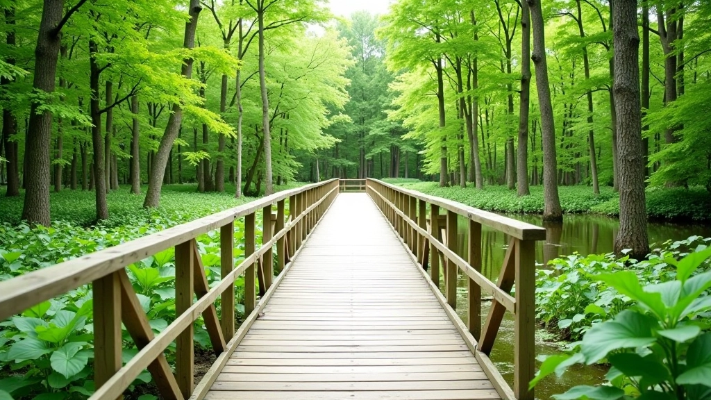 Wooden boardwalk pathway crossing through wetland area surrounded by green vegetation and trees, elevated walkway in natural forest setting