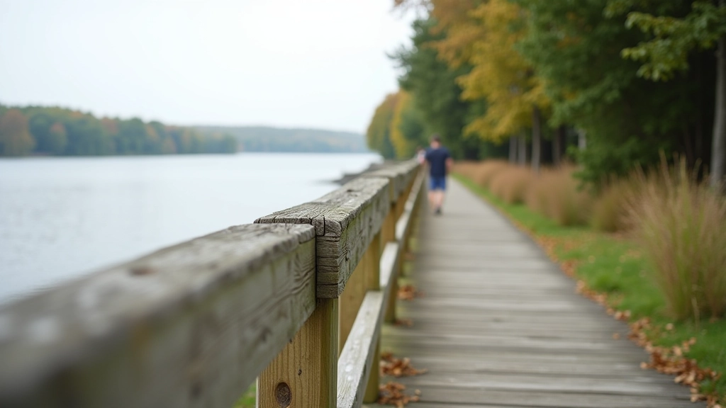 Close-up of walking path with wooden railings and water view